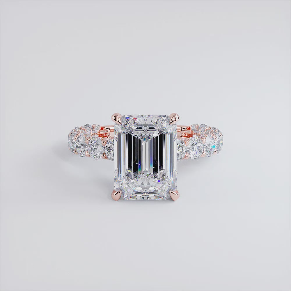 8.29ctw E-VVS2 Emerald Cut Micropavé Lucida Setting Lab Grown Diamond Engagement Ring set in 14k Rose Gold