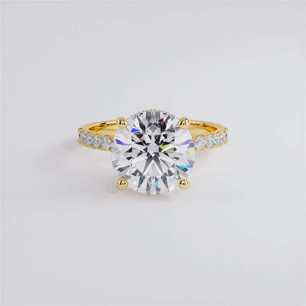 4.70ctw Round Brilliant Under Halo Petite Micropavé Lab Grown Diamond Engagement Ring set in 14k Yellow Gold