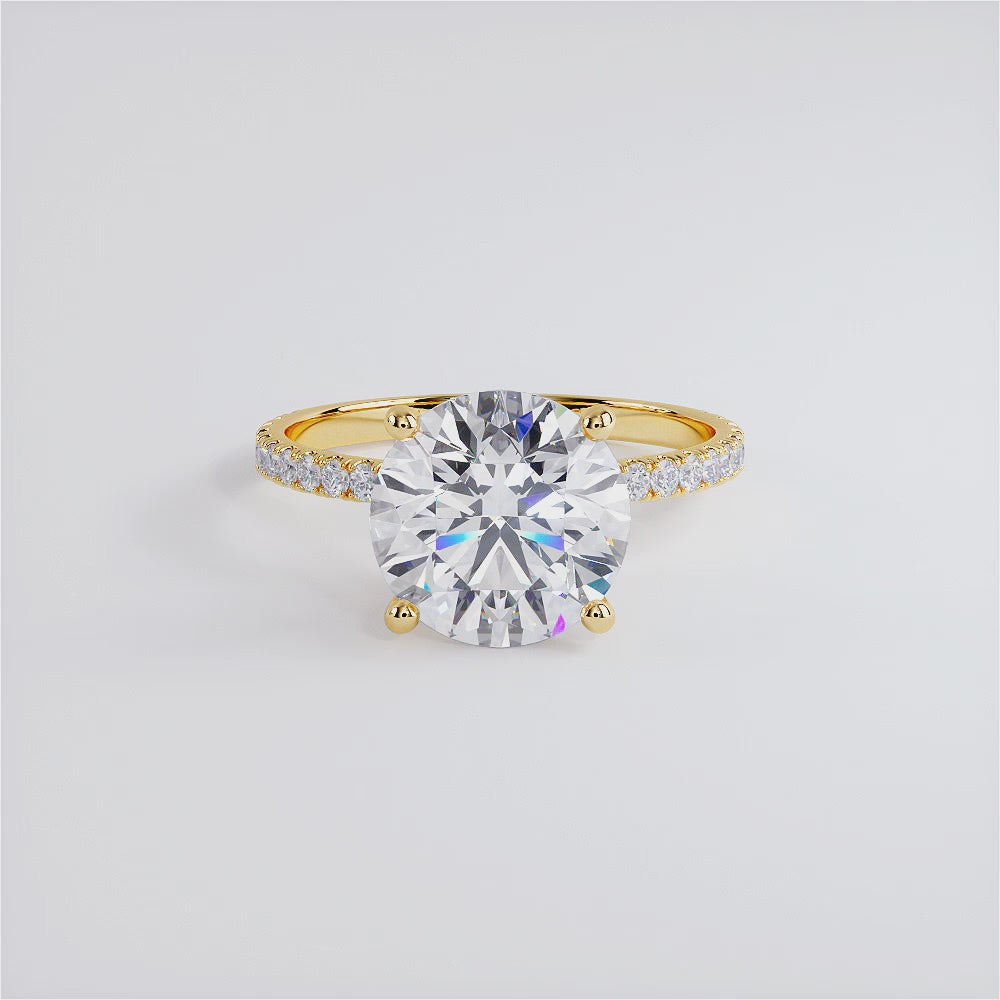 3.74ctw GIA Certified Round Brilliant Under Halo Petite Micropavé Lab Grown Diamond Engagement Ring set in 14k Yellow Gold