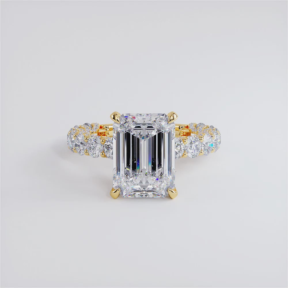 8.29ctw E-VVS2 Emerald Cut Micropavé Lucida Setting Lab Grown Diamond Engagement Ring set in 14k Yellow Gold