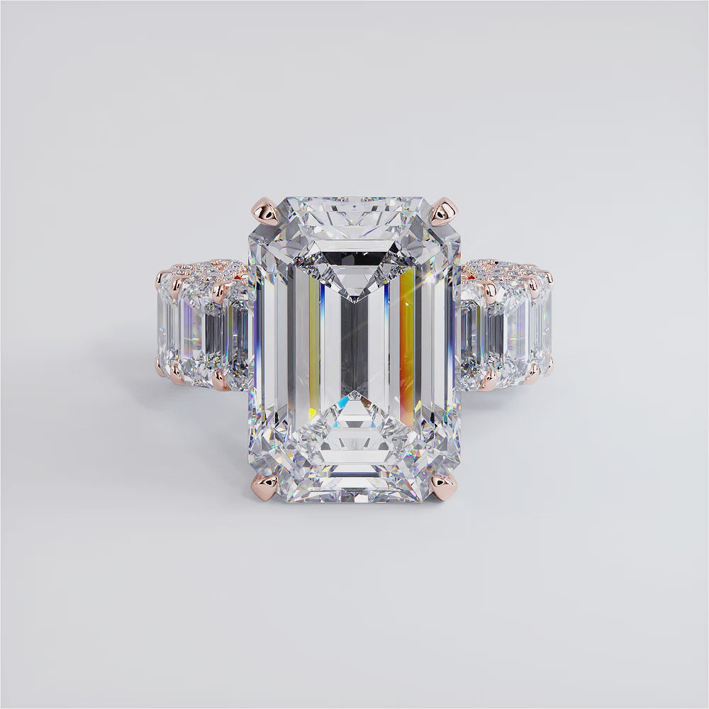 32.23ctw F-VS1 Emerald Cut Micropavé Lucida Set Lab Grown Diamond Engagement Ring set in 14k Rose Gold