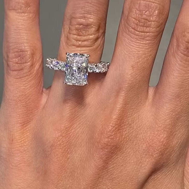 7.41ctw GIA Certified E-VVS2 Radiant Cut Micropavé Lucida Setting Lab Grown Diamond Engagement Ring set in 14k Platinum