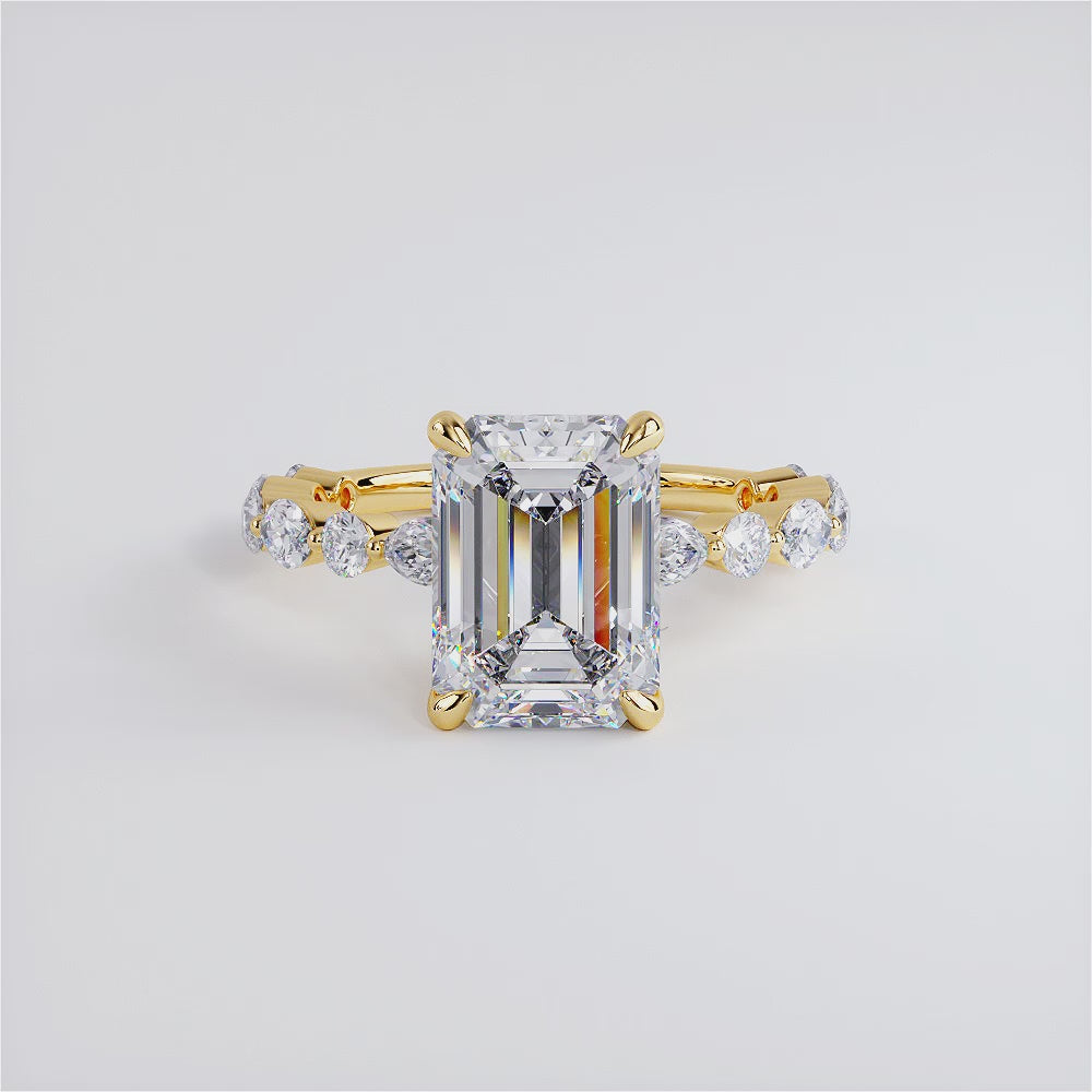 4.19ctw GIA Certified Emerald Cut Alternating Round & Marquise Lab Grown Diamond Engagement Ring set in 14k Yellow Gold