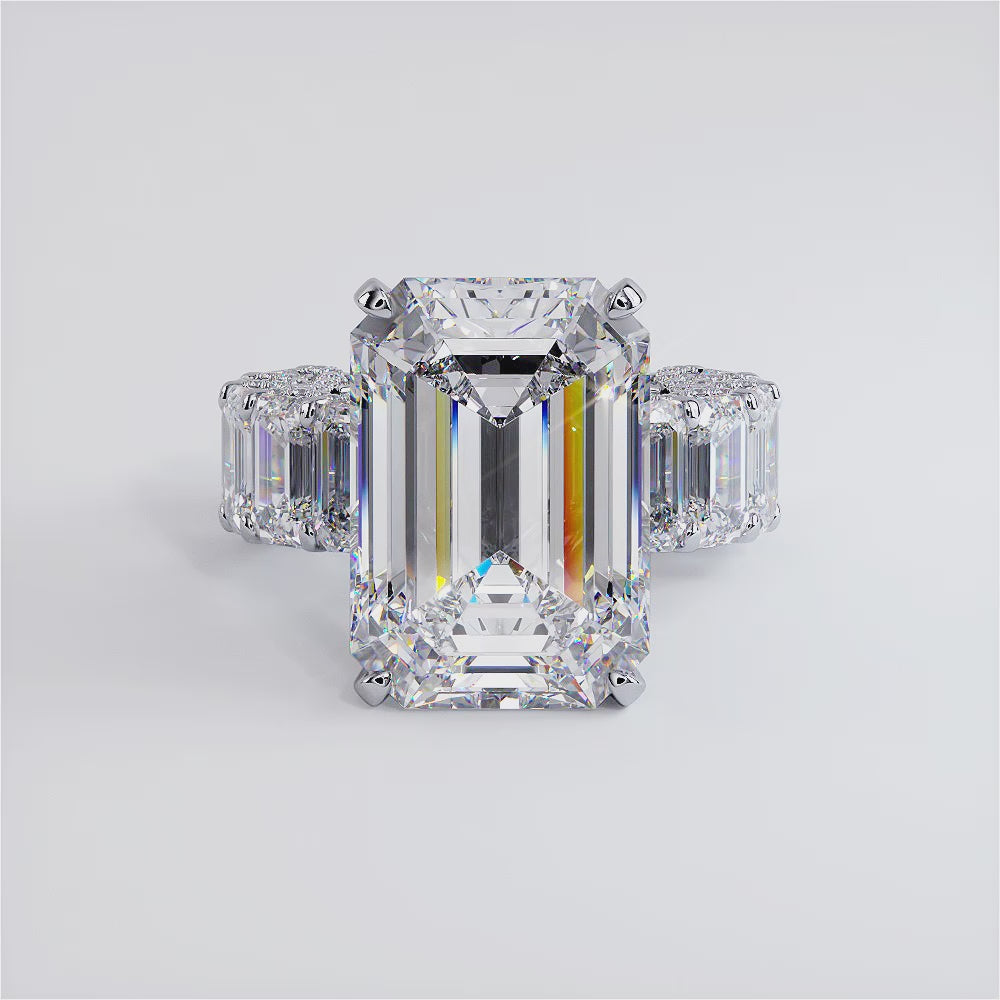 32.23ctw F-VS1 Emerald Cut Micropavé Lucida Set Lab Grown Diamond Engagement Ring set in 14k White Gold