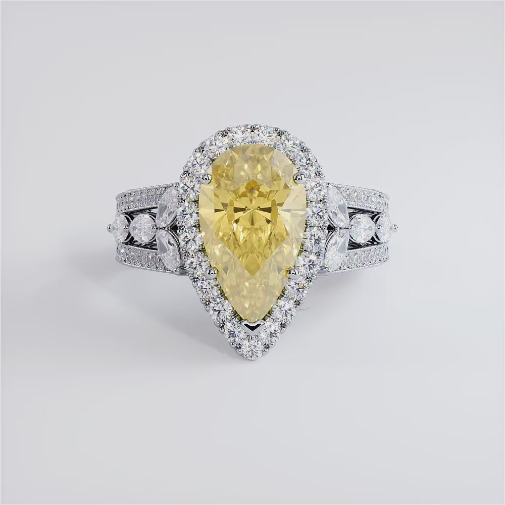7.11ctw Fancy Yellow Pear Shape Vintage Style Lab Grown Diamond Engagement Ring 14k White Gold