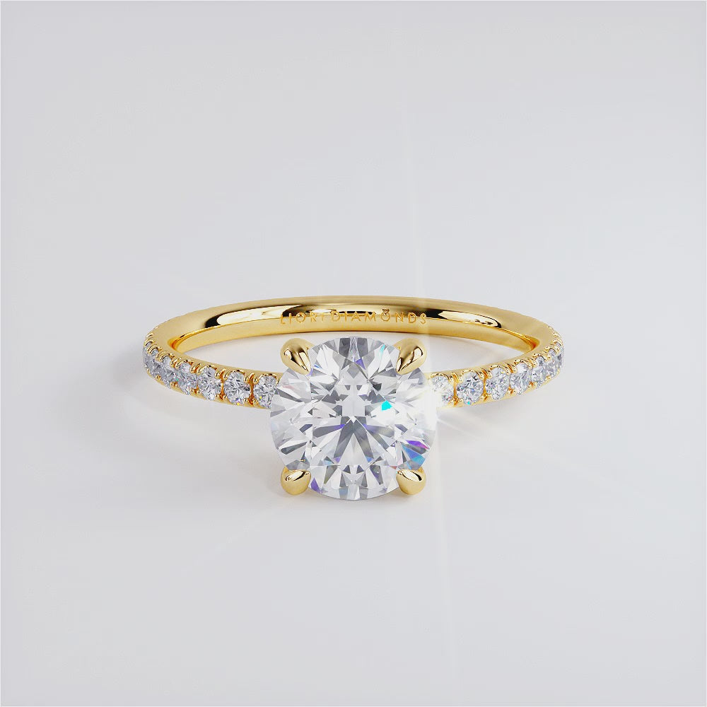 1.98ctw GIA Certified Round Brilliant Wire Basket Petite Micropavé Lab Grown Diamond Engagement Ring set in 14k Yellow Gold