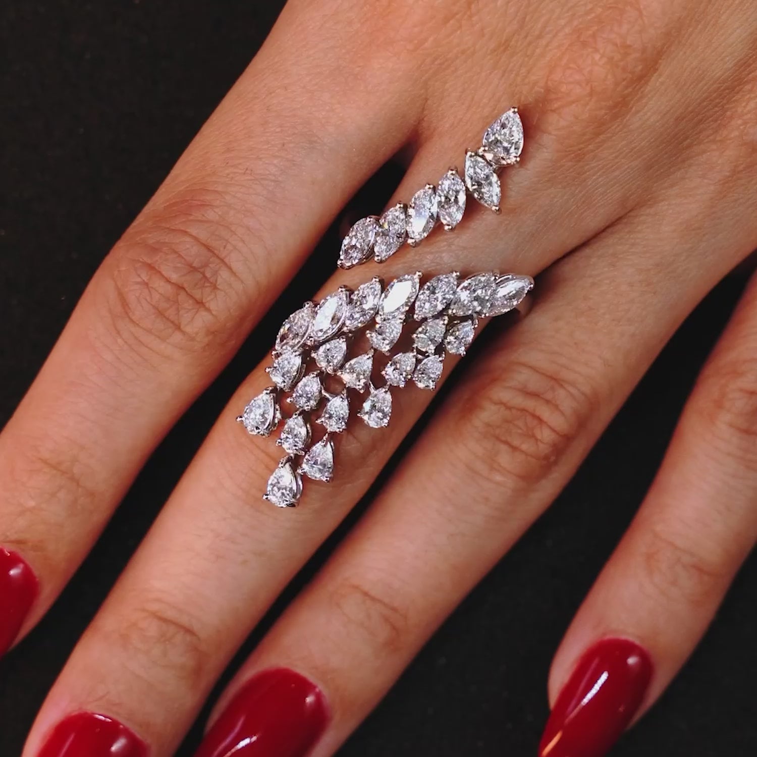 6.22 Marquise & Pear Shape Diamond Elongated Cocktail Ring set in 14k White Gold