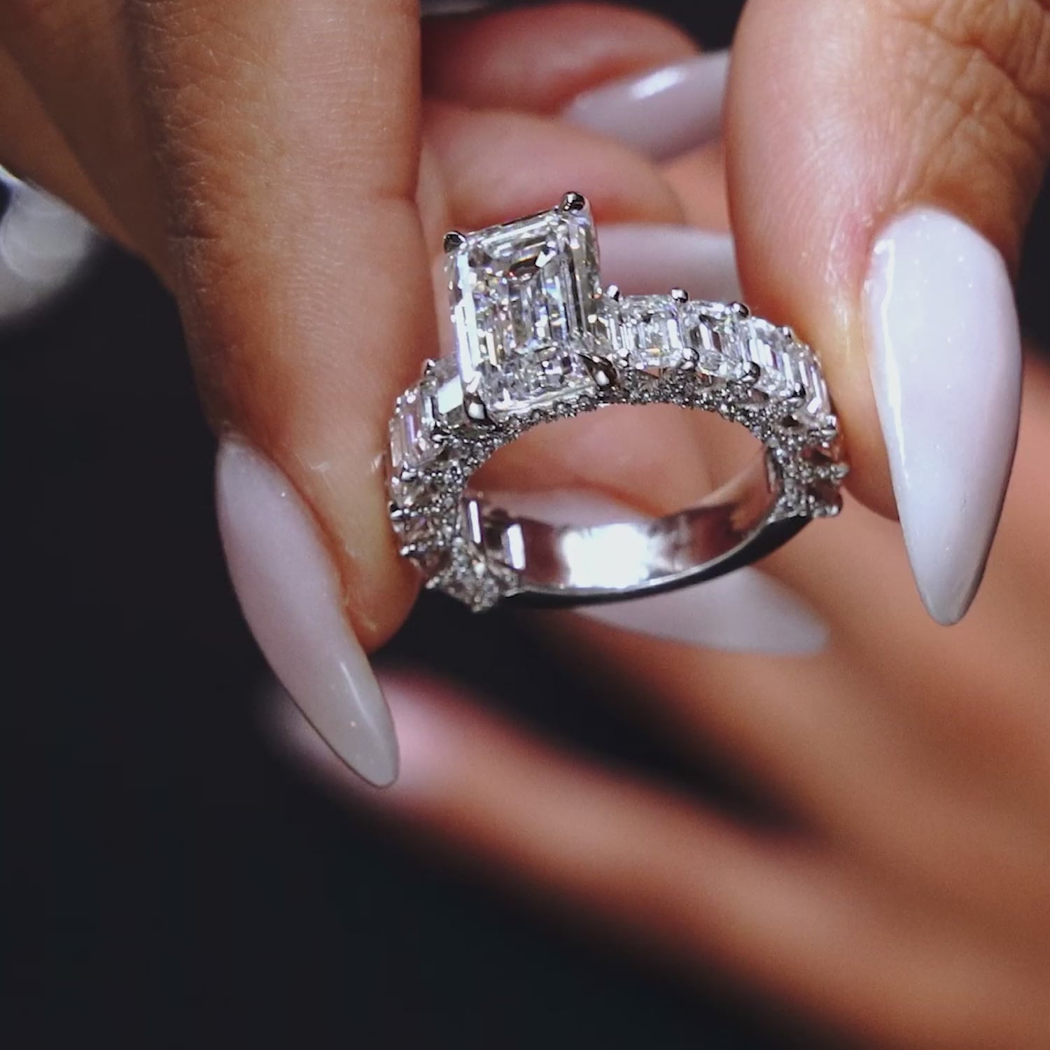 10.73ctw GIA Certified E-VVS2 Emerald Cut Micropavé Lucida Set Lab Grown Diamond Engagement Ring set in 14k White Gold