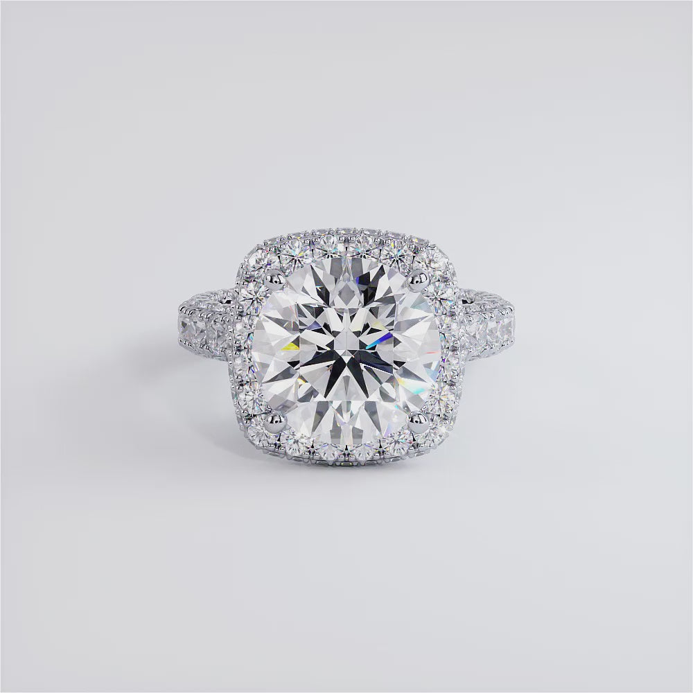 8.10ctw Round Brilliant F-VS1 Halo 3D Micropavé Shank Lab Grown Diamond Engagement Ring 14k White Gold