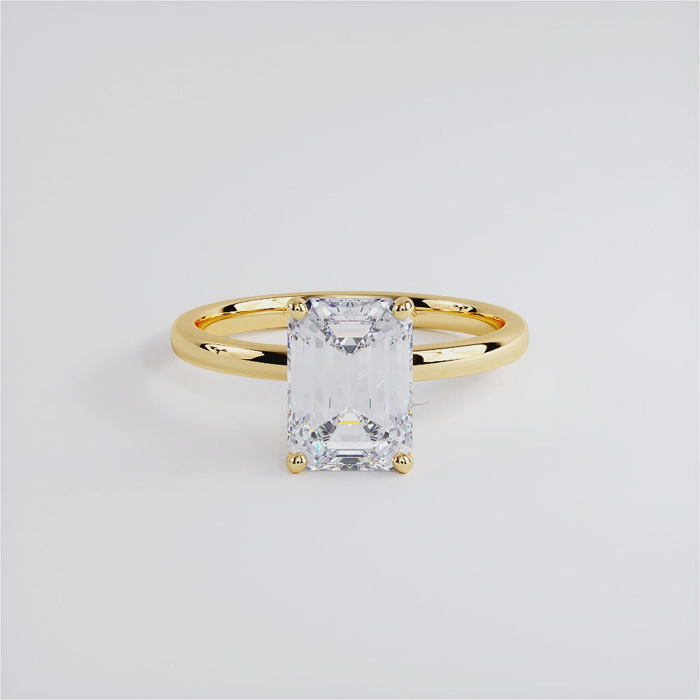 2.00 Carat GIA Certified Emerald Cut Petite Wire Solitaire Lab Grown Diamond Engagement Ring set in 14k Yellow Gold