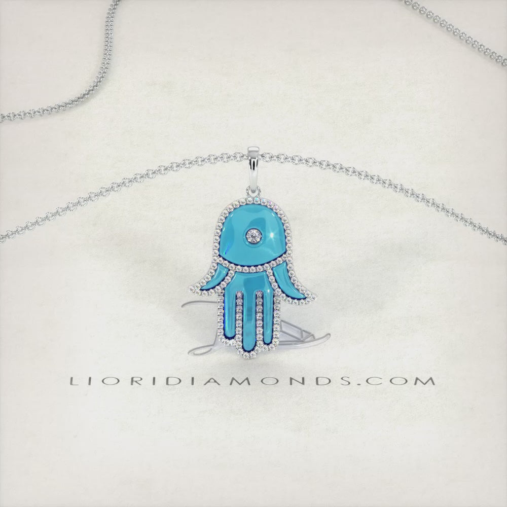 0.44 Carat Diamond Hamsa Hand of fatima Evil Eye Charm Pendant 18k White Gold