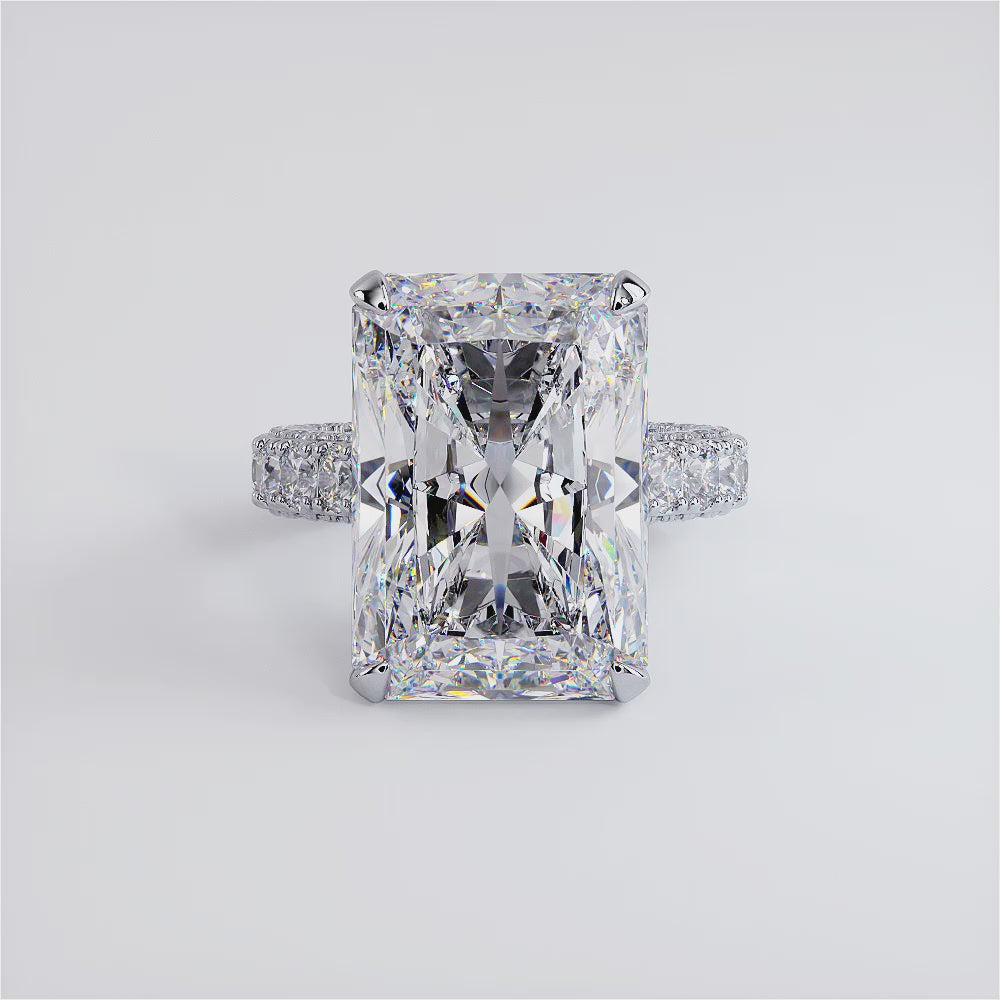 19.61ctw GIA Certified F-VVS2 Radiant Cut 3D Micropavé Cathedral Lab Grown Diamond Engagement Ring set in Platinum