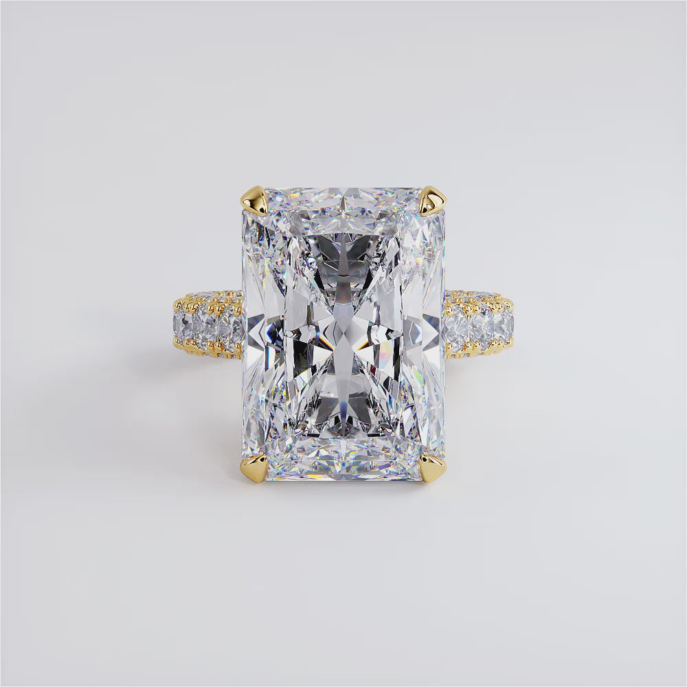 19.61ctw GIA Certified F-VVS2 Radiant Cut 3D Micropavé Cathedral Lab Grown Diamond Engagement Ring set in 14k Yellow Gold