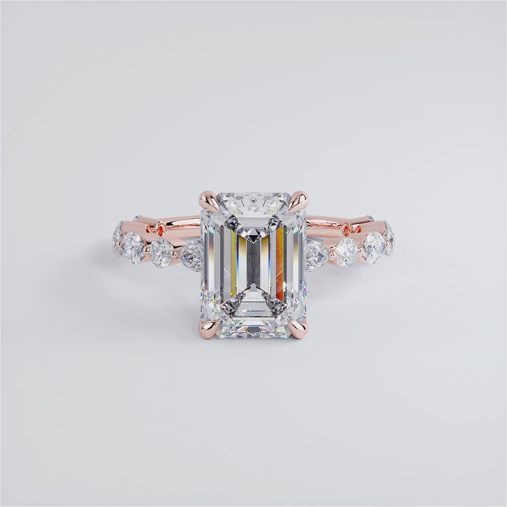 4.19ctw GIA Certified Emerald Cut Alternating Round & Marquise Lab Grown Diamond Engagement Ring set in 14k Rose Gold