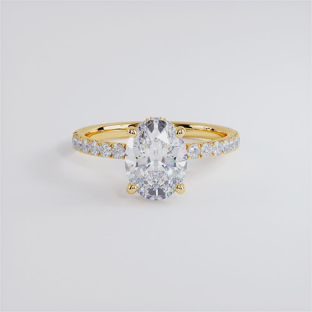 2.42ctw GIA Certified Oval Cut Under Halo Petite Micropavé Lab Grown Diamond Engagement Ring set in 14k Yellow Gold