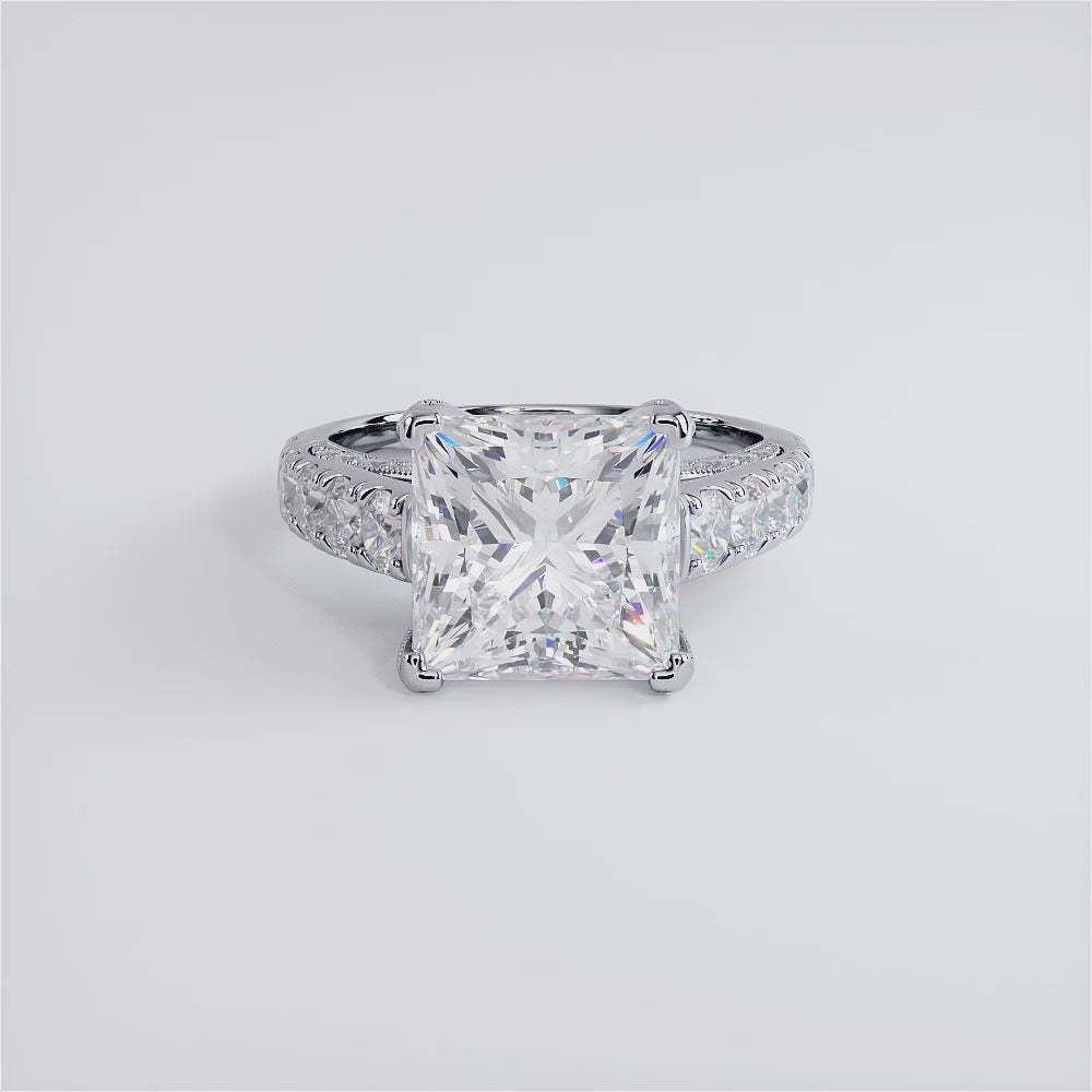 6.76ctw Princess Cut F-VS1 Micropavé Milgrain Prongs Lab Grown Diamond Engagement Ring set in 14k White Gold