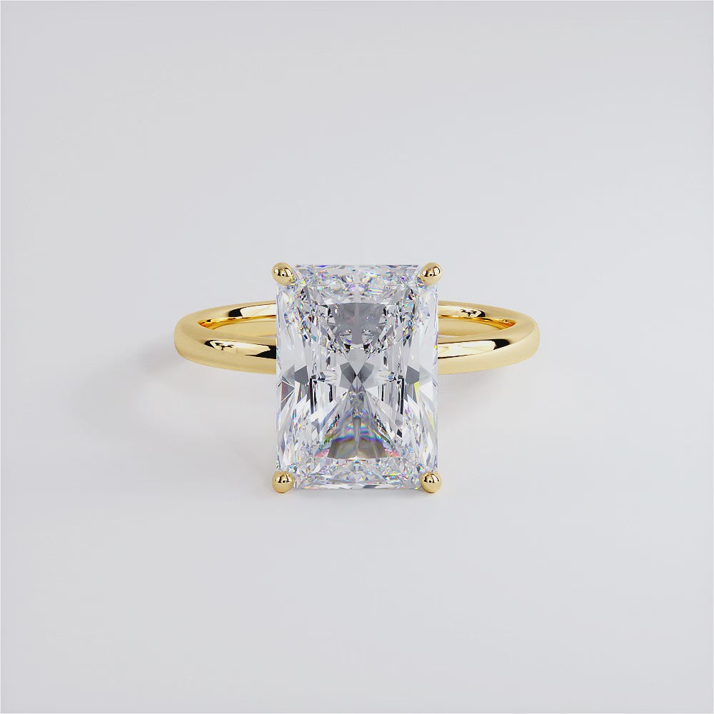 4.53 Carat GIA Certified E-VVS2 Radiant Cut Petite Wire Solitaire Lab Grown Diamond Engagement Ring set in 14k Yellow Gold
