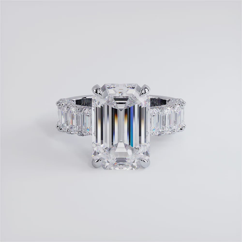 16.34ctw F-VS1 Emerald Cut Micropavé Lucida Set Lab Grown Diamond Engagement Ring set in 14k White Gold
