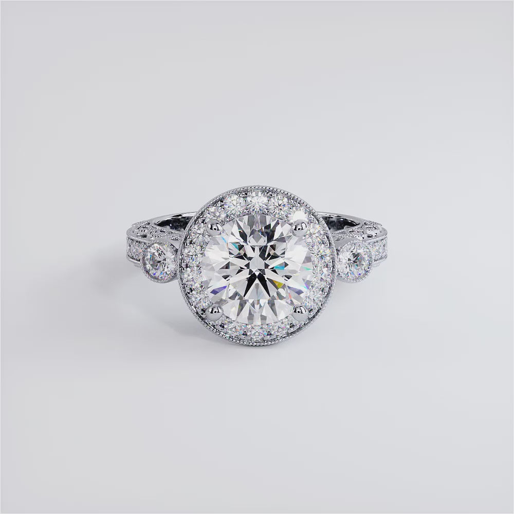 4.20ctw Round Brilliant F-VS1 Milgrain Filigree Vintage Style Halo Lab Grown Diamond Engagement Ring 14k White Gold