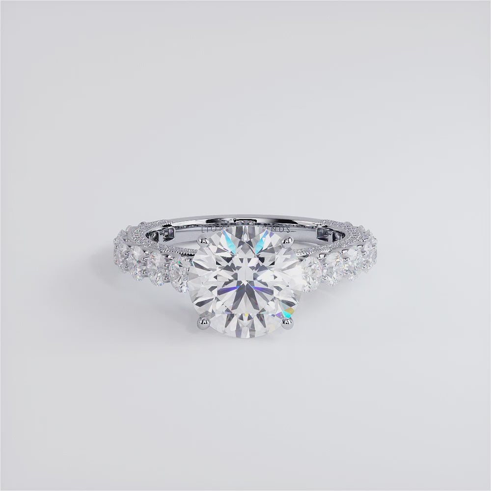 4.51ctw GIA Certified Round Brilliant Micropavé Graduated U Prong Lab Grown Diamond Engagement Ring 14k White Gold