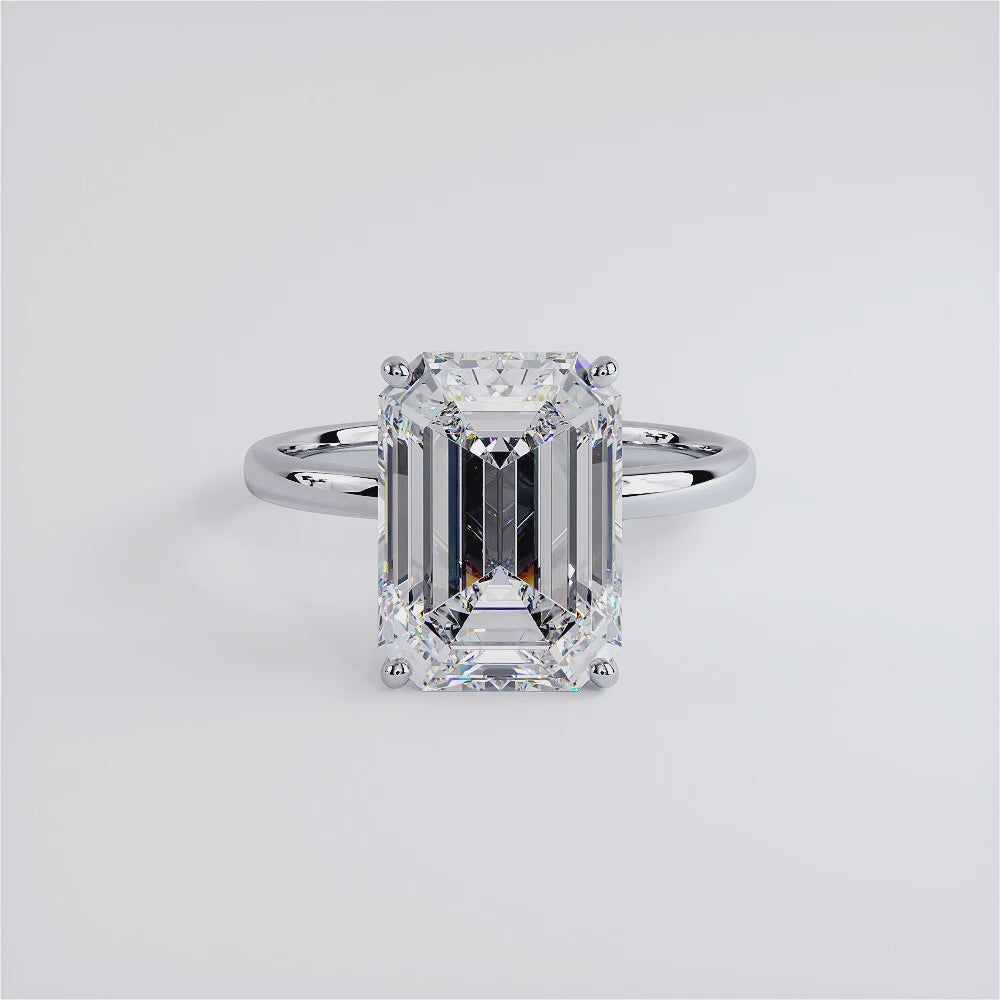 4.41 Carat GIA Certified Emerald Cut Petite Wire Solitaire Lab Grown Diamond Engagement Ring set in 14k White Gold