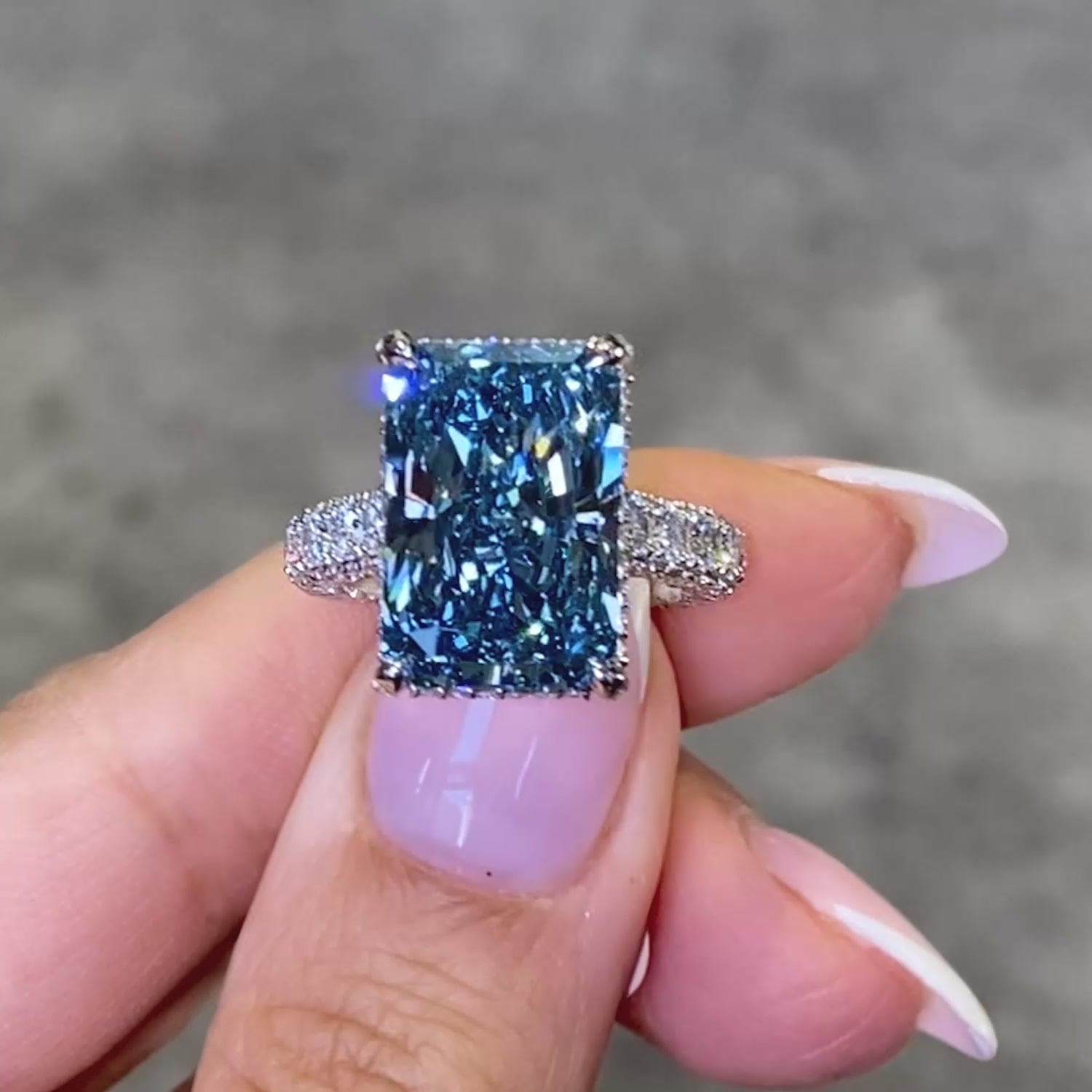 15.14ctw Fancy Blue Radiant Cut 3D Micropavé Cathedral Lab Grown Diamond Engagement Ring set in 14k White Gold