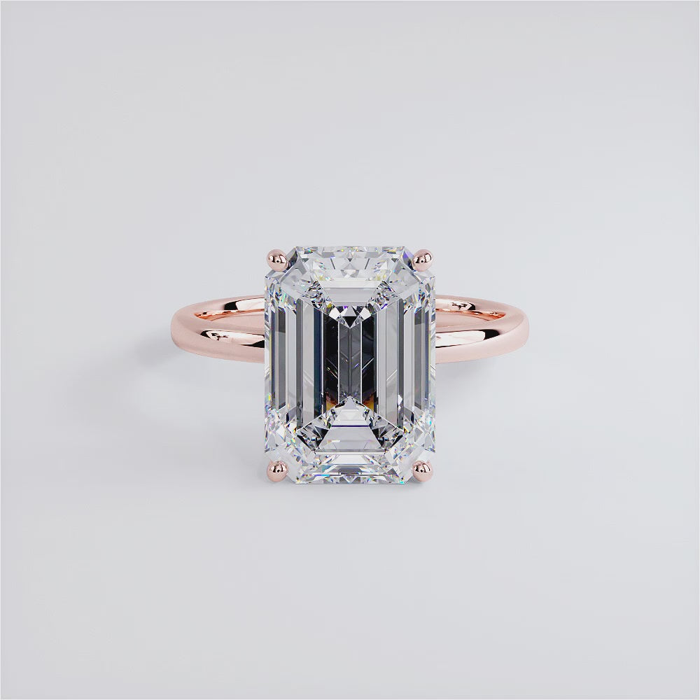 4.41 Carat GIA Certified Emerald Cut Petite Wire Solitaire Lab Grown Diamond Engagement Ring set in 14k Rose Gold