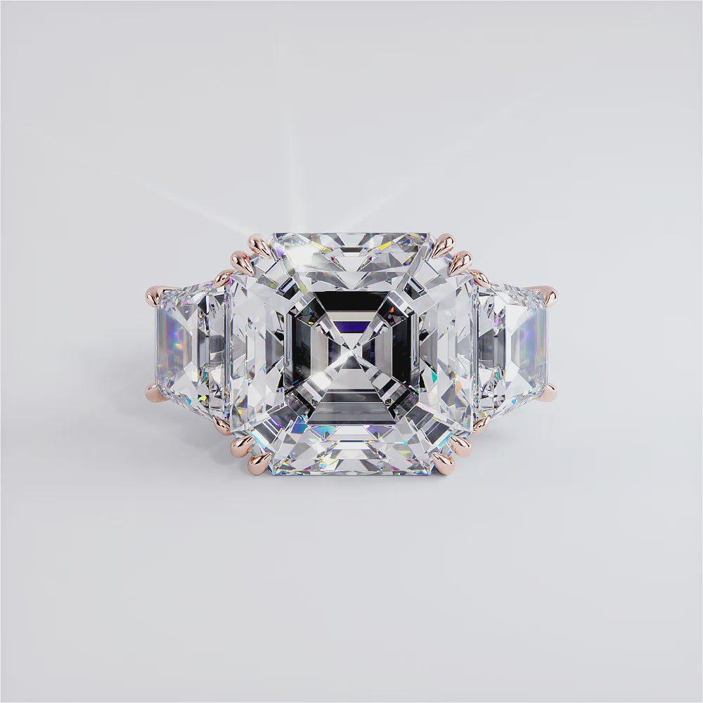 23.22ctw GIA Certified F-VS1 Asscher Cut & Trapezoid Three Stone Lab Grown Diamond Engagement Ring set in 14k Rose Gold