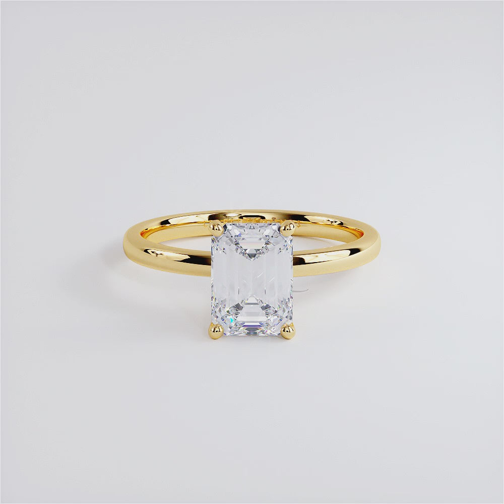 1.62ctw GIA Certified F-VS1 Emerald Cut Petite Wire Solitaire Lab Grown Diamond Engagement Ring set in 14k Yellow Gold