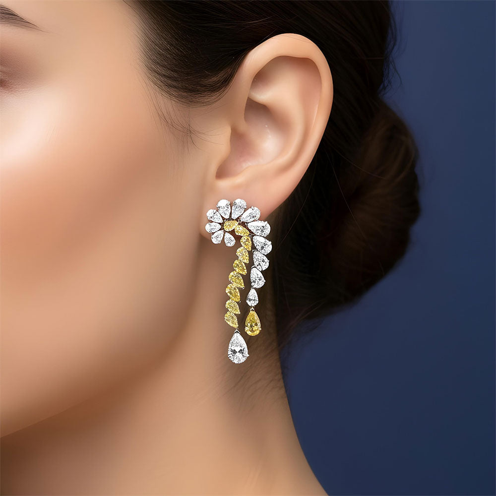 23.72ctw Pear Shape Fancy Yellow & White Diamond Earrings 14k White Gold