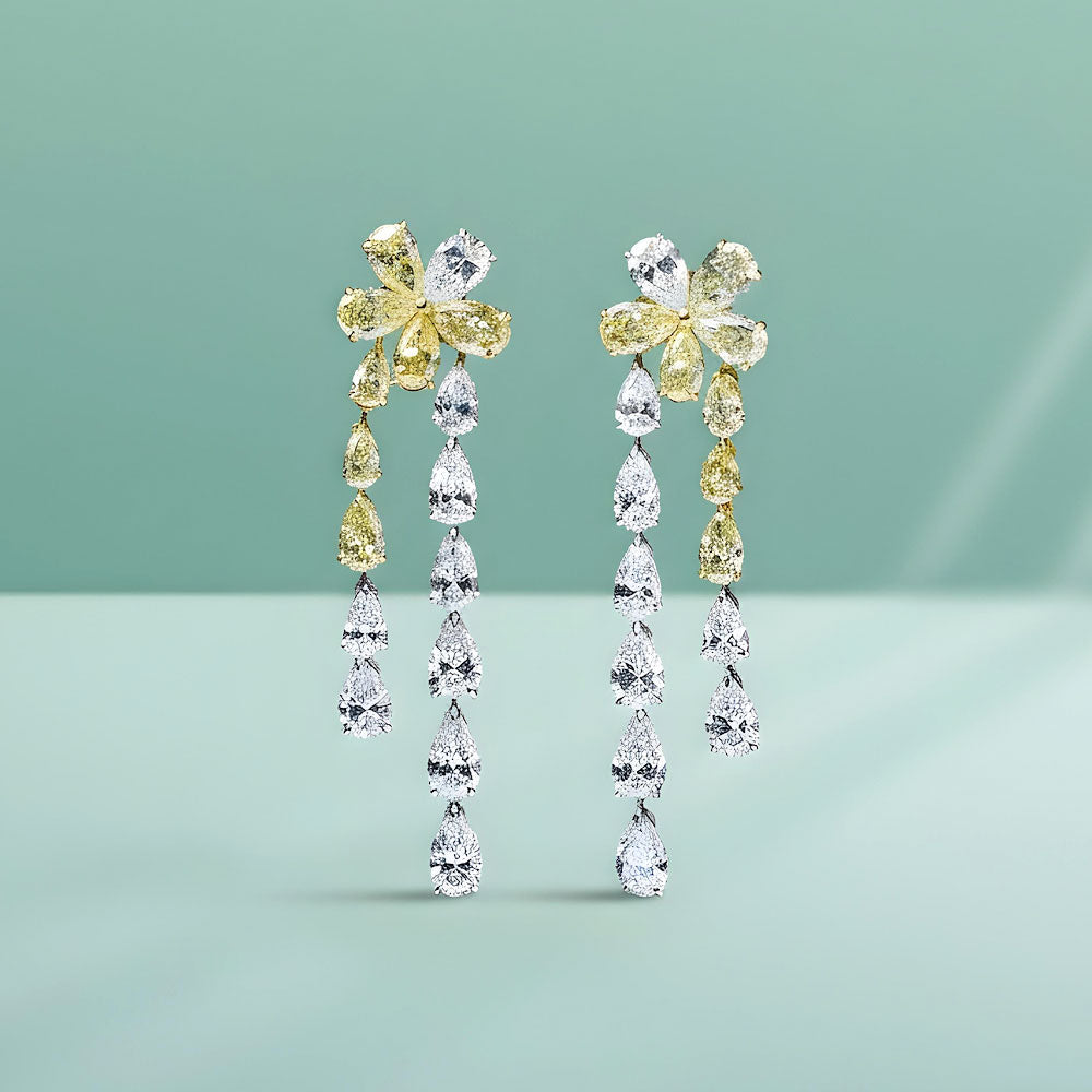 12.80ctw Pear Shape Fancy Yellow & White Diamond Earrings 14k White Gold