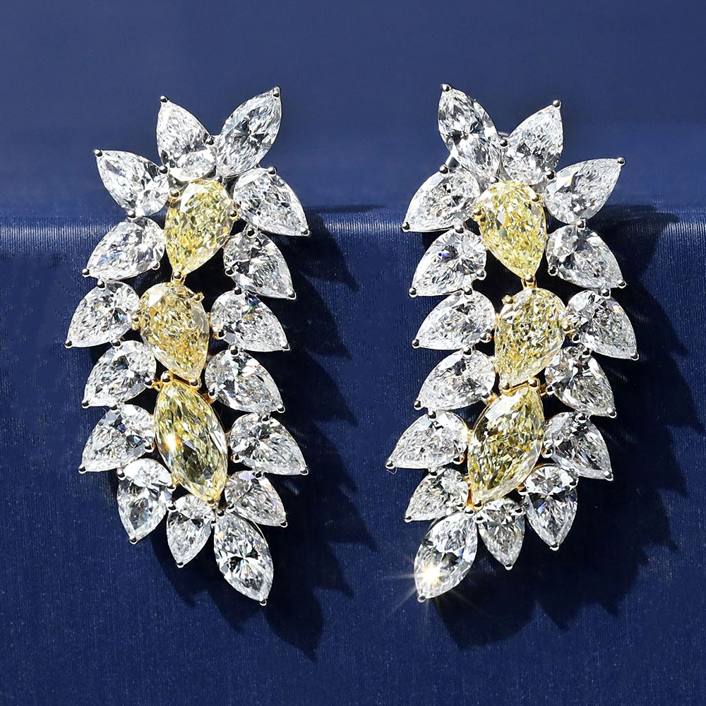 11.90ctw Marquise & Pear Shape Fancy Yellow & White Diamond Earrings 14k White Gold