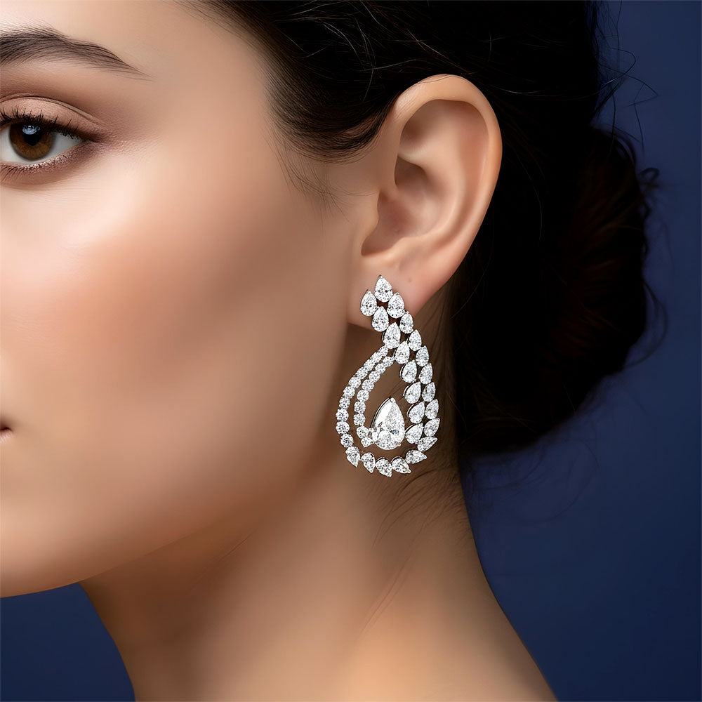 14.98ctw Pear Shape & Rounds Diamond Earrings 14k White Gold