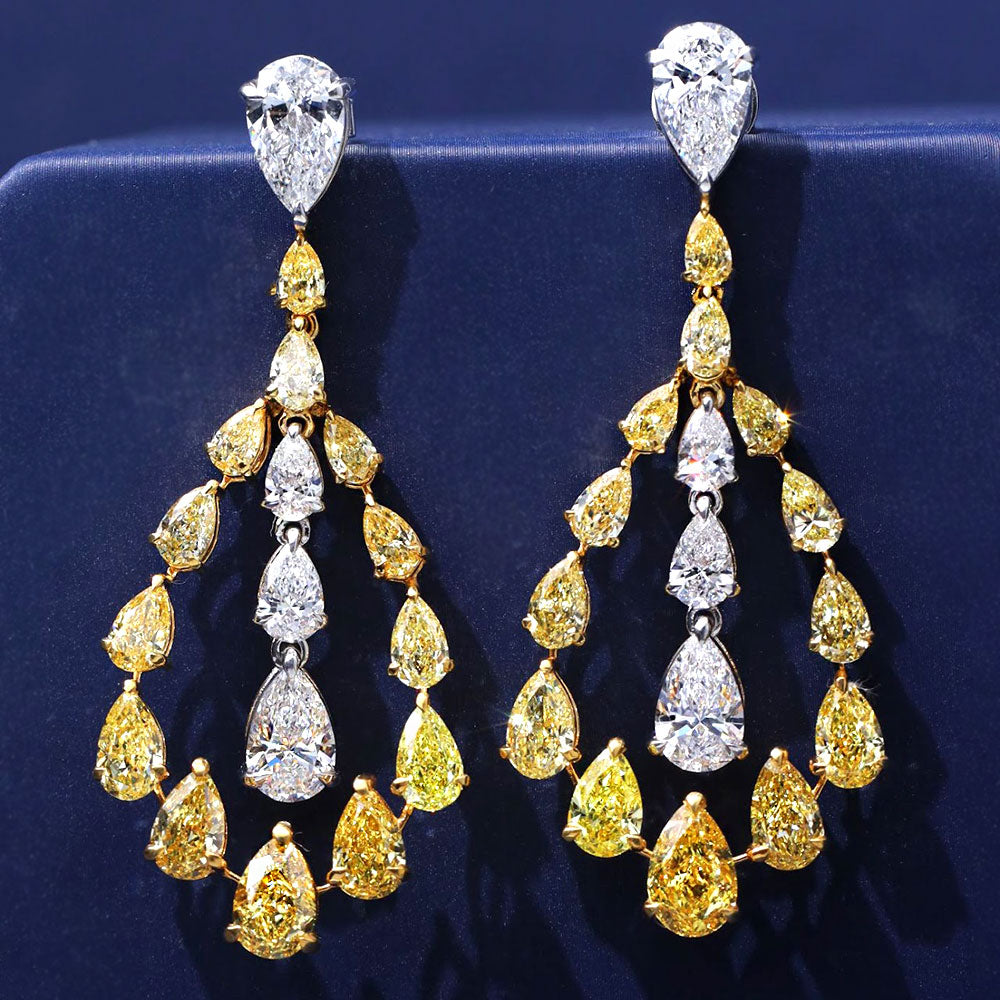 18.57ctw Pear Shape Fancy Yellow & White Diamond Earrings 14k White Gold