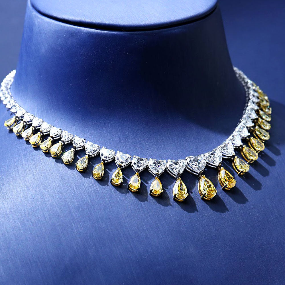 55.02ctw Heart & Pear Shape Fancy Yellow & White Diamond Choker Necklace 14k White Gold
