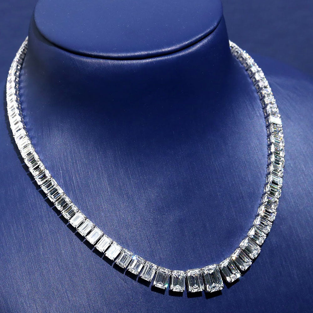 49.66ctw Graduated Emerald Cut Diamond Tennis Necklace 14k White Gold