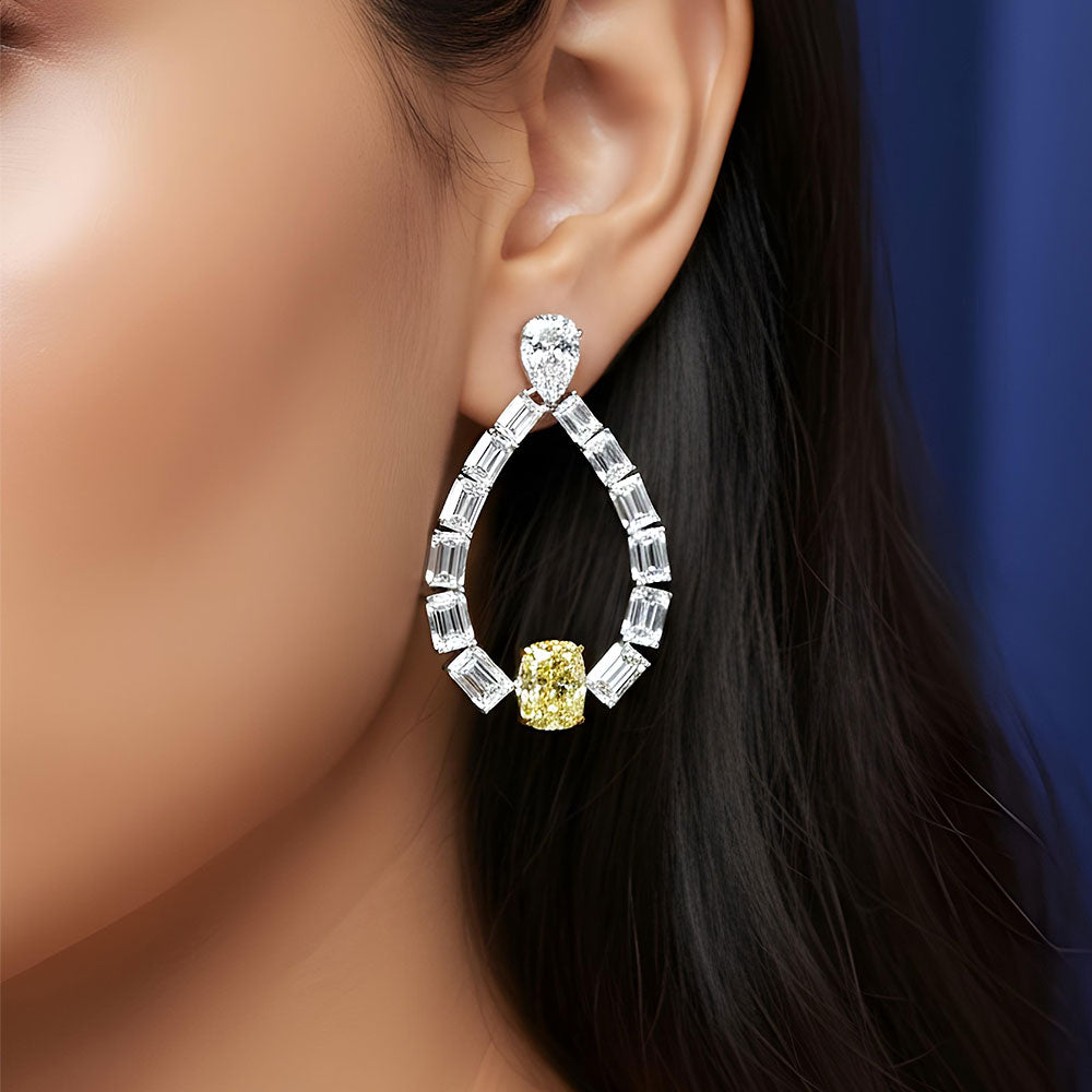 17.99ctw Emerald Cushion & Pear Shape Fancy Yellow & White Diamond Earrings 14k White Gold
