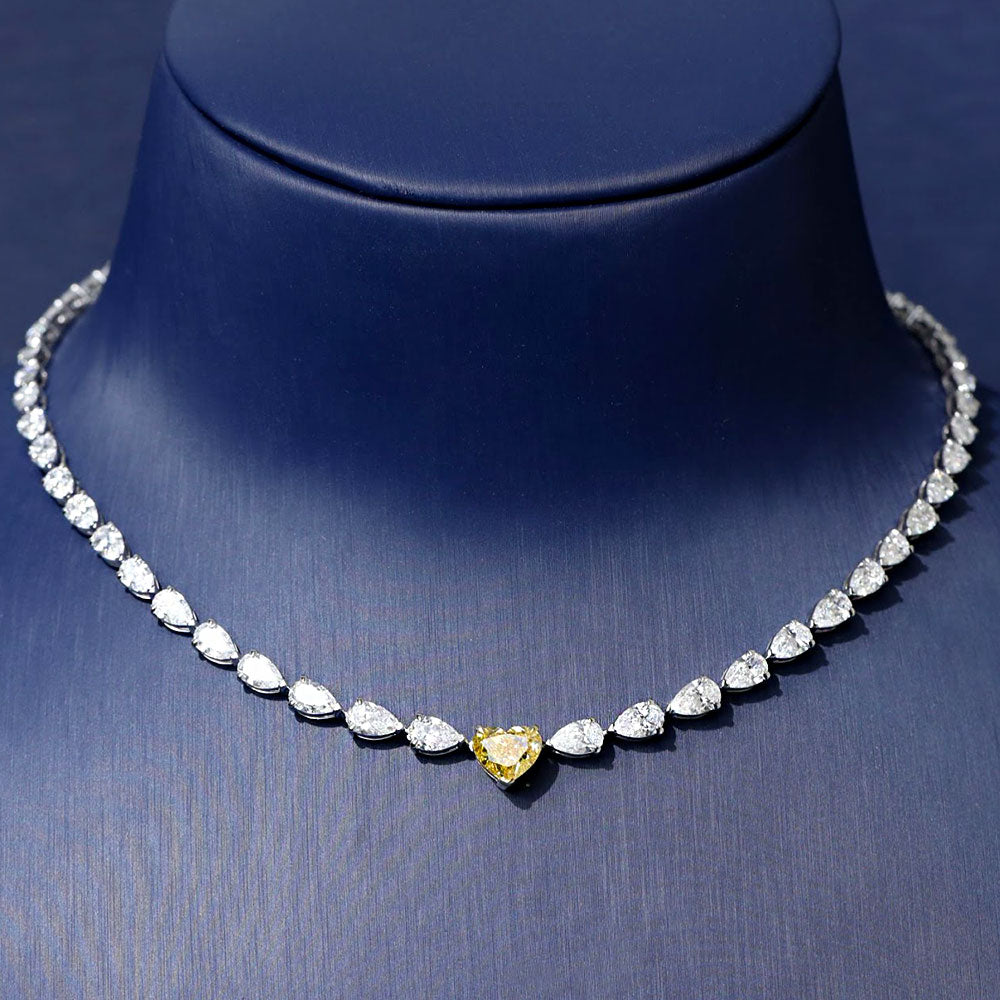 19.59ctw Pear & Heart Shape Fancy Yellow & White Diamond Tennis Necklace 14k White Gold