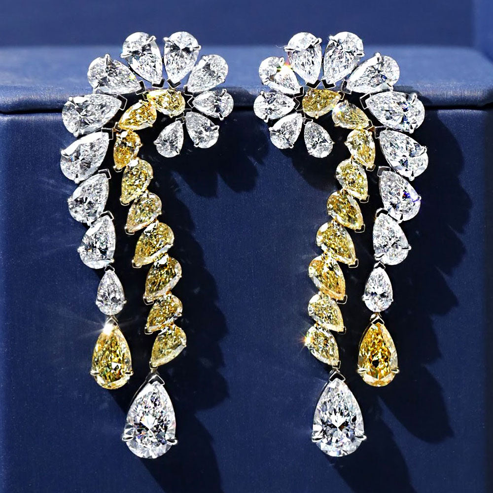 23.72ctw Pear Shape Fancy Yellow & White Diamond Earrings 14k White Gold