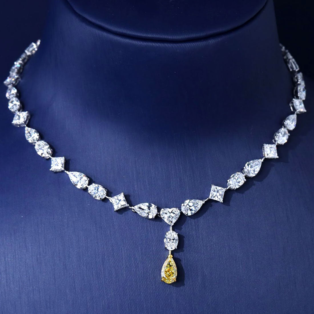 36.45ctw Fancy Yellow & White Mix Shape Diamond Drop Necklace 14k White Gold