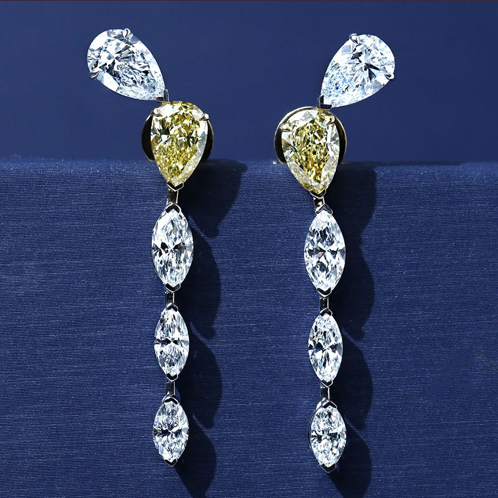 6.06ctw Pear Shape Fancy Yellow & White Diamond Earrings 14k White Gold