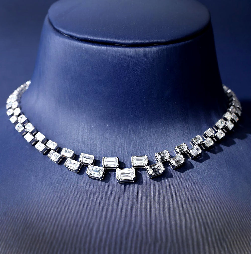 34.77ctw Graduated Emerald Cut Diamond Choker Necklace 14k White Gold