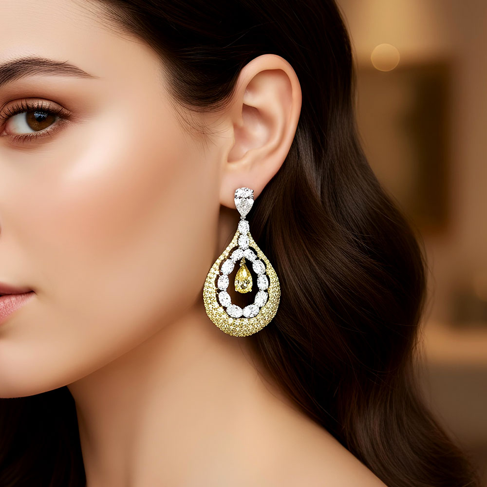 21.95ctw Rounds Oval & Pear Shape Fancy Yellow & White Diamond Earrings 14k White Gold