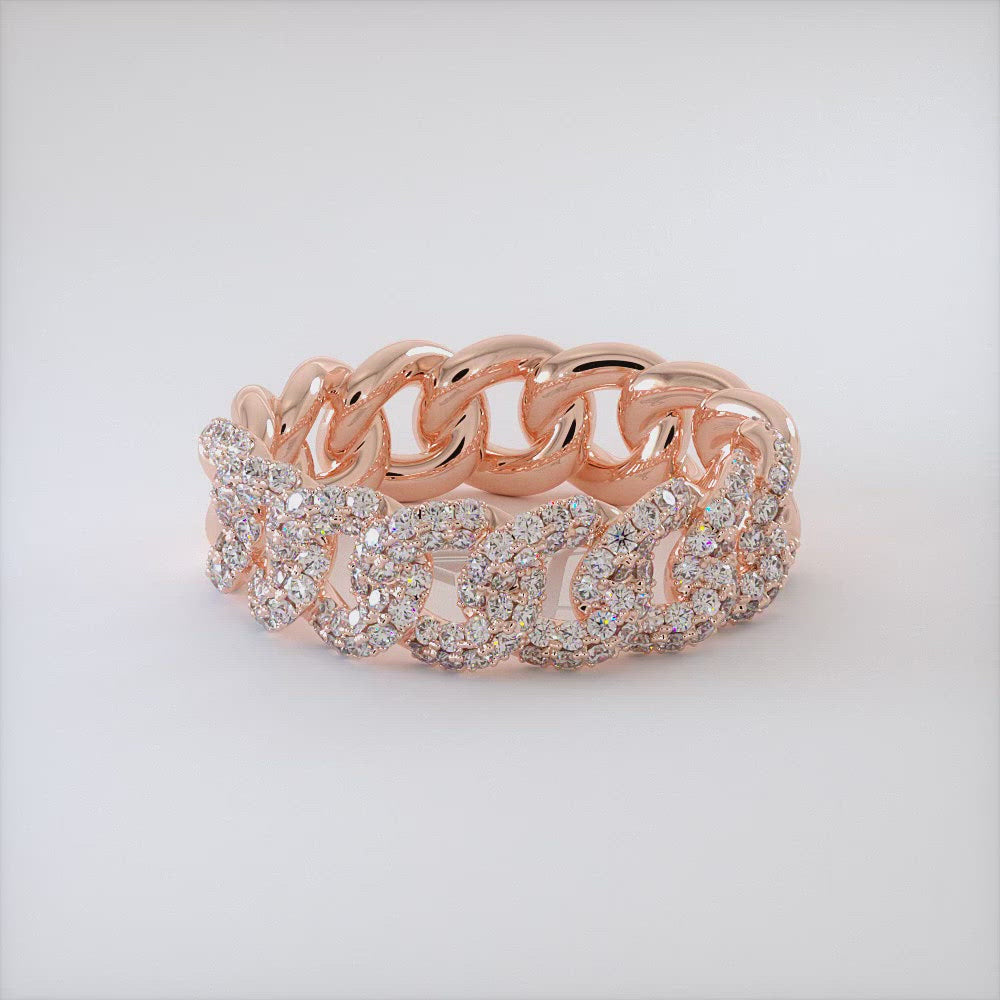 0.91 Carat F-VS Pave Cuban Link Diamond Ring 14k Rose Gold