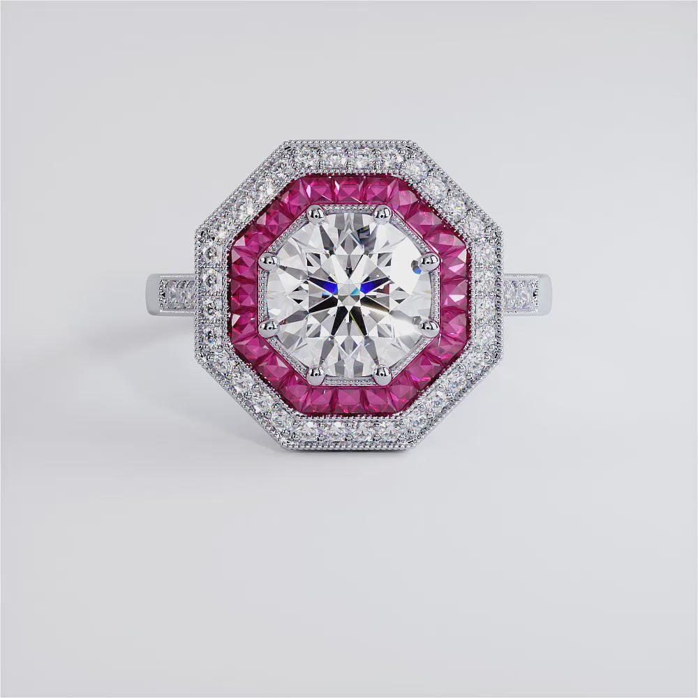 1 Carat Round Brilliant Antique Art Deco Ruby & Diamond