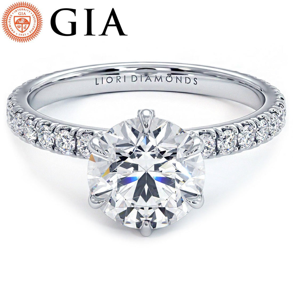 2.30ctw GIA Certified F-VS1 Round Brilliant Micropavé 6 Prong Petite Lab Grown Diamond Engagement Ring 14k White Gold