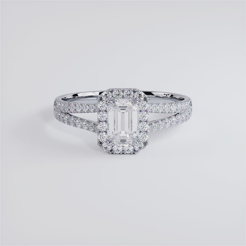 0.75ct Emerald Cut French Cut Halo Split Shank