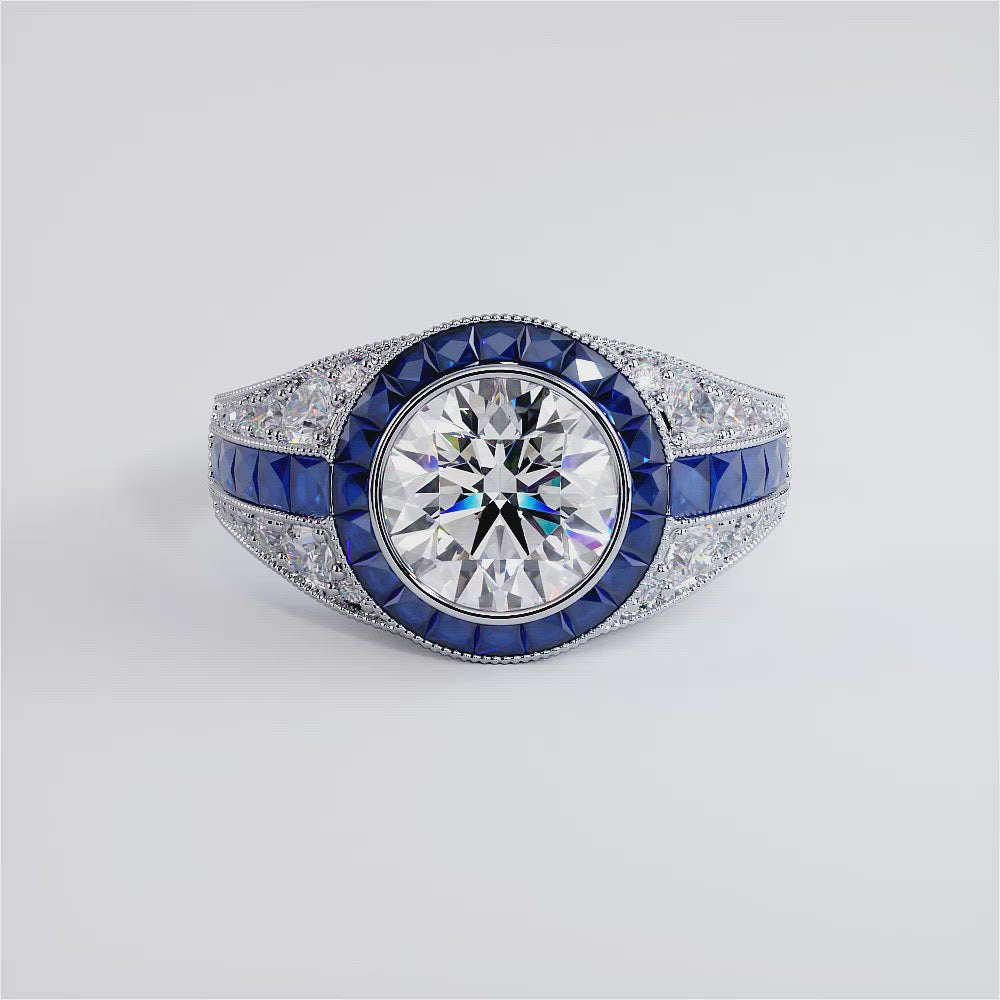 2.00ct Round Brilliant Antique Art Deco Sapphire & Diamond Engagement Ring Setting (1.75ctw) in Platinum