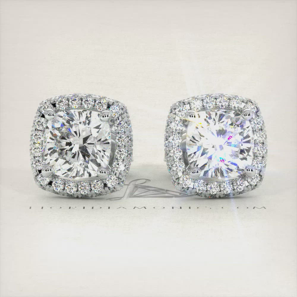 2.65 Carat F-SI Cushion Cut Pave Halo Diamond Studs Earrings 18k White Gold