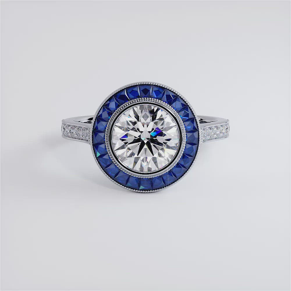 2.00ct Round Brilliant Antique Art Deco Bezel Set Sapphire & Diamond Engagement Ring Setting (1.05ctw) in Platinum